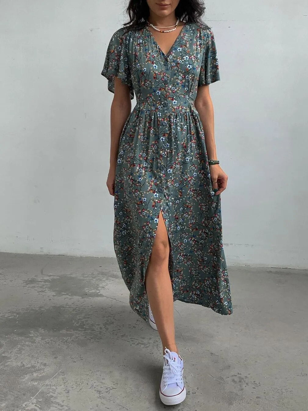 Bohemian Floral Flare Sleeve Dress - Top Boho