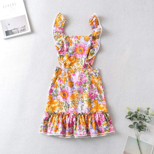 Bohemian Square Neck Ruffle Mini Dress - Top Boho