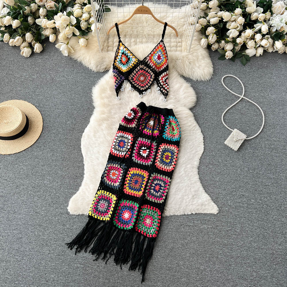 Bohemian Knitted Crochet and Skirt Set - Top Boho