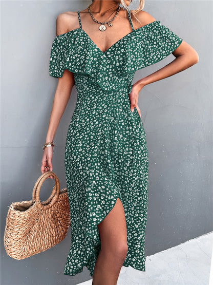 Boho Over Shoulder Ruffles Dress - Top Boho
