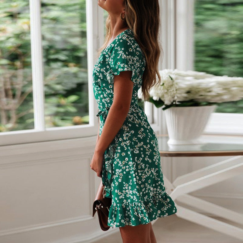 Floral Print Boho Ruffle Sleeve Dress - Top Boho