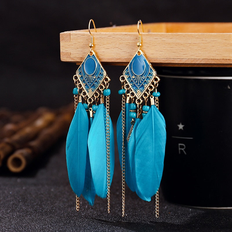 Boho Long Feather Dangle Earrings - Top Boho