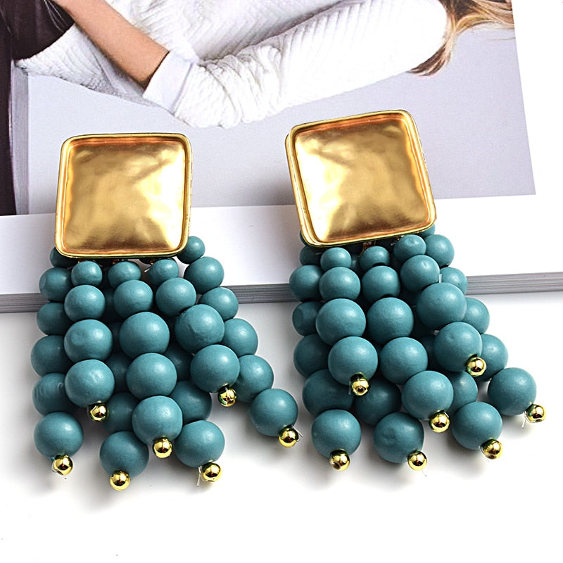 Statement Wooden Bead Drop Earrings - Top Boho
