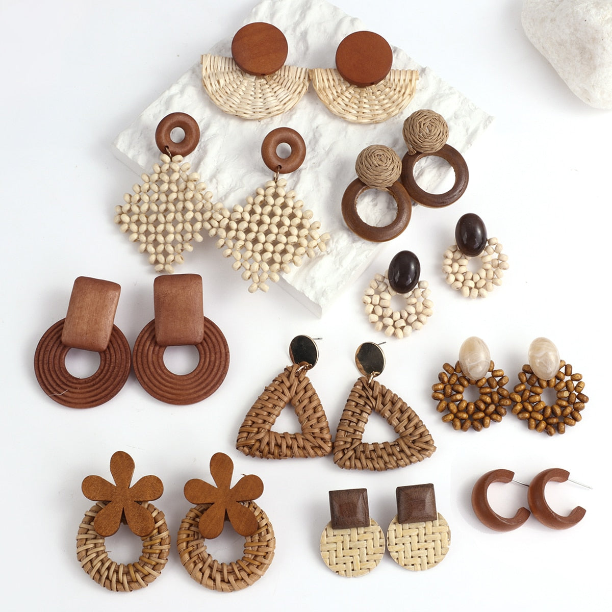 Handmade Rattan Wooden Drop Earrings - Top Boho