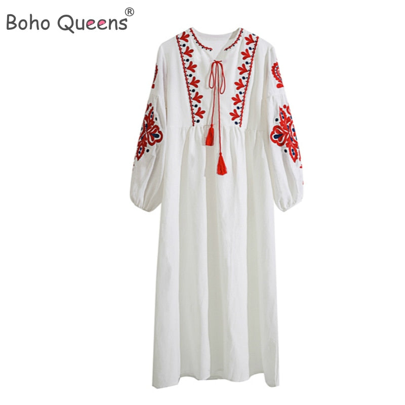 Boho Floral Embroidery Beach Dress - Top Boho