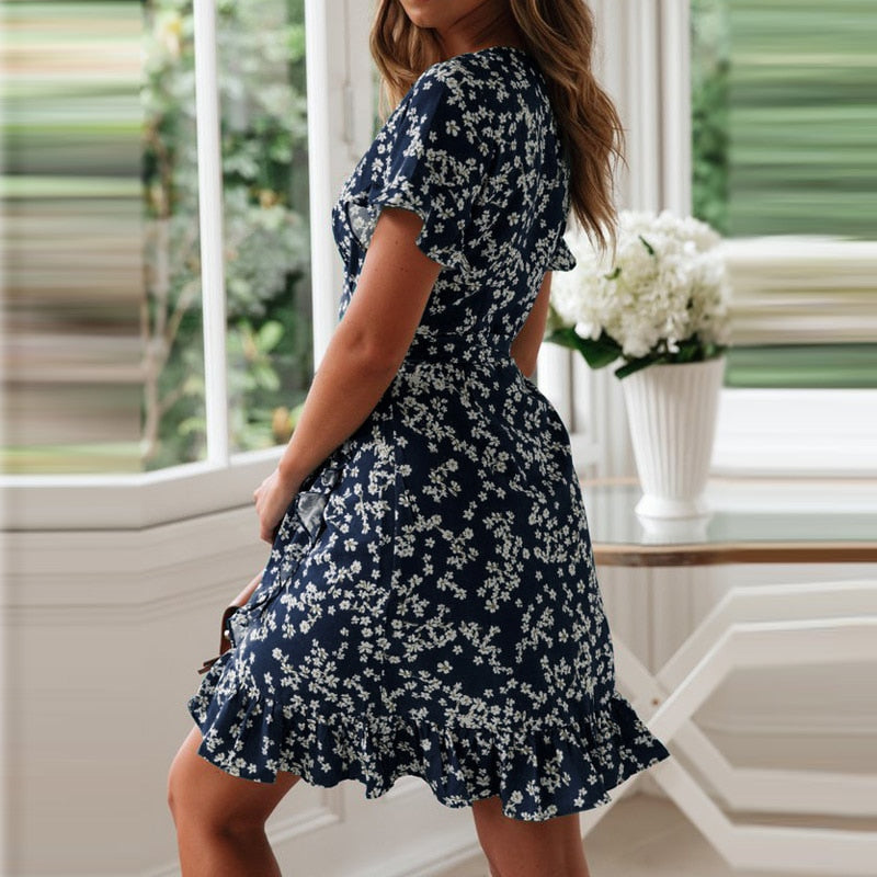 Floral Print Boho Ruffle Sleeve Dress - Top Boho