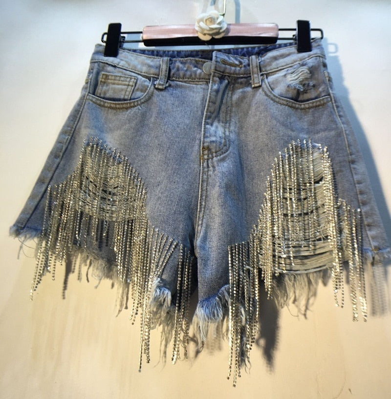 Cut-out Denim Shorts with Tassels