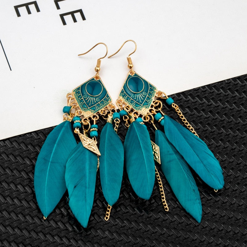 Boho Long Feather Dangle Earrings - Top Boho