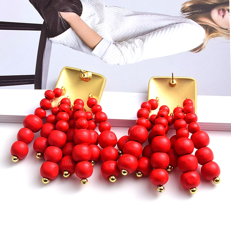 Statement Wooden Bead Drop Earrings - Top Boho