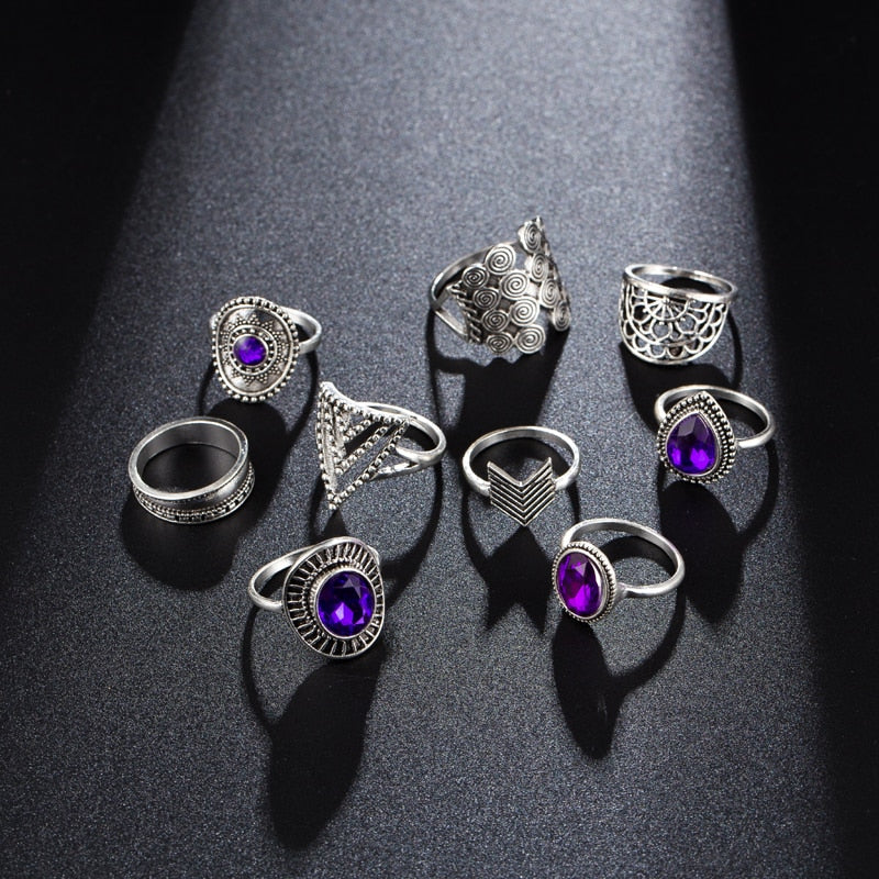 Boho Purple Rhinestone Rings 9pcs
