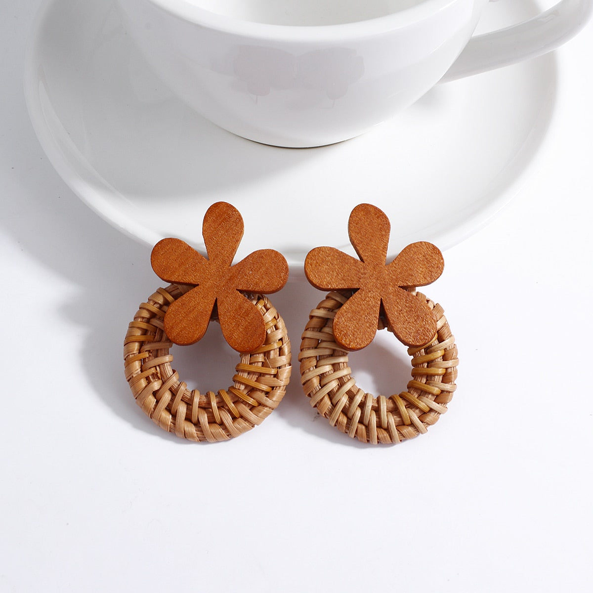 Handmade Rattan Wooden Drop Earrings - Top Boho