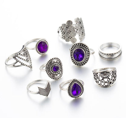 Boho Purple Rhinestone Rings 9pcs