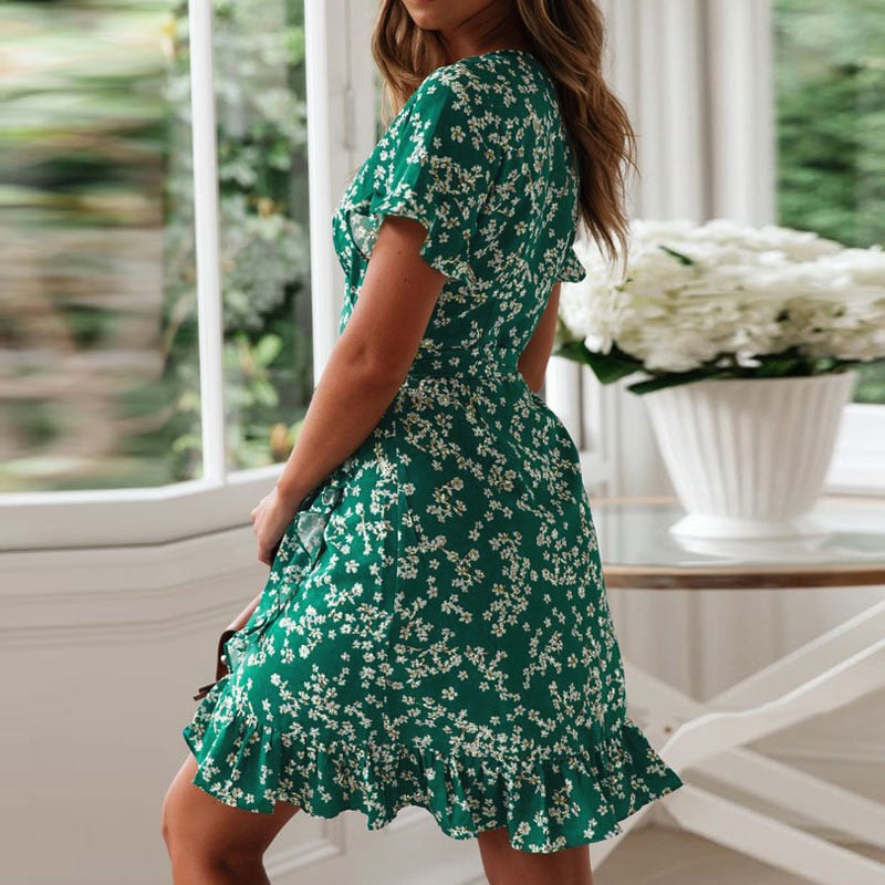 Floral Print Boho Ruffle Sleeve Dress - Top Boho