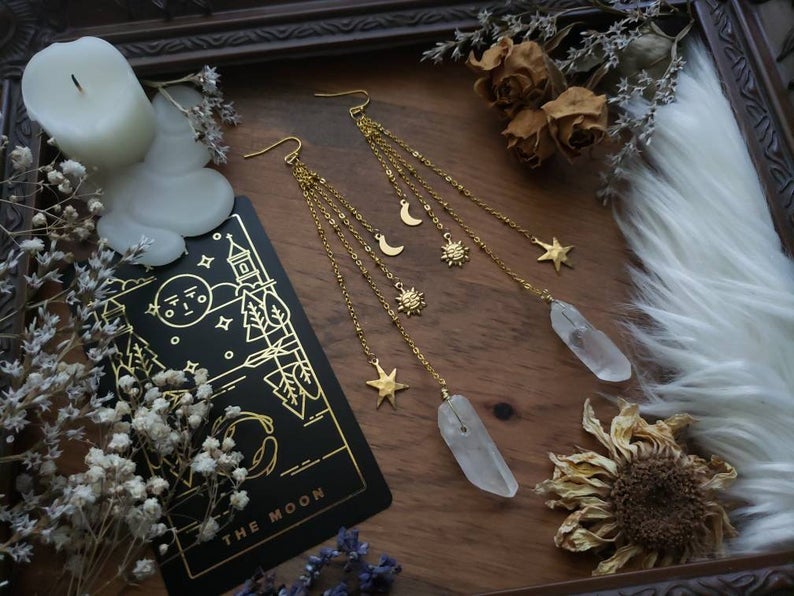 Quartz Brass Sun & Moon Earrings