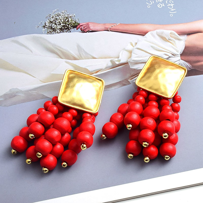 Statement Wooden Bead Drop Earrings - Top Boho