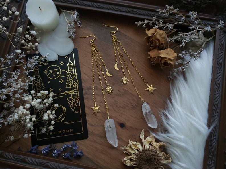 Quartz Brass Sun & Moon Earrings