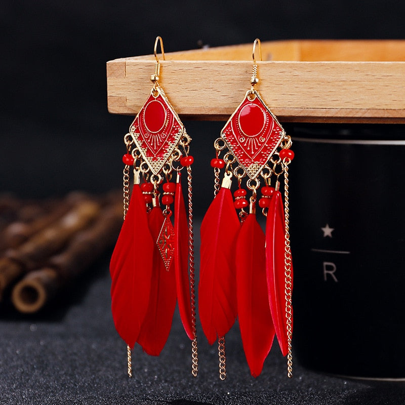 Boho Long Feather Dangle Earrings - Top Boho