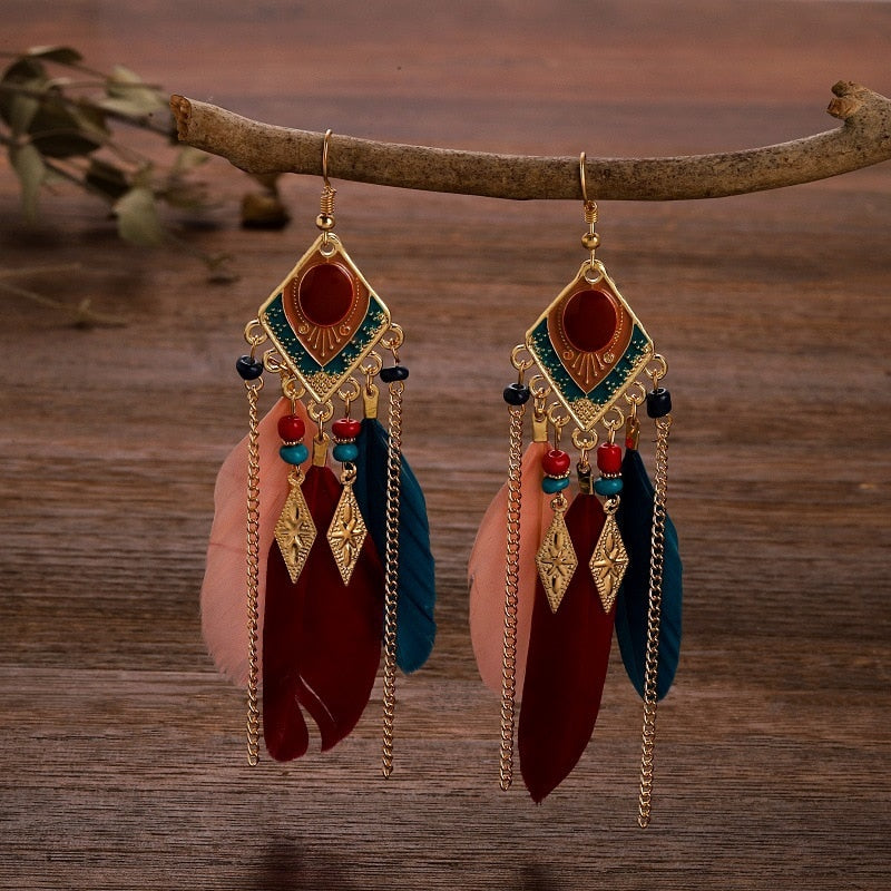 Boho Long Feather Dangle Earrings - Top Boho