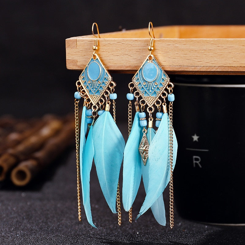 Boho Long Feather Dangle Earrings - Top Boho