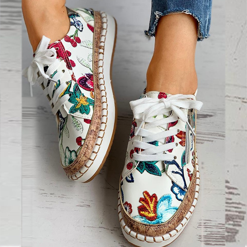 Bohemian Floral Printed Lace Up Shoes - Top Boho