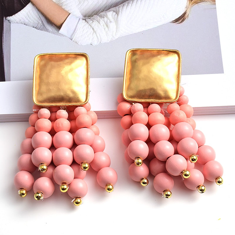Statement Wooden Bead Drop Earrings - Top Boho