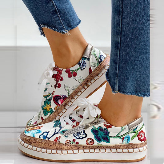 Bohemian Floral Printed Lace Up Shoes - Top Boho