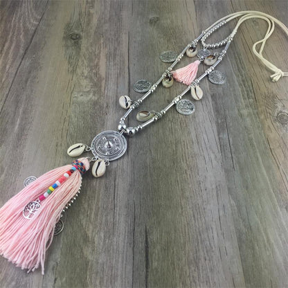 Boho Leather Necklace With Long Tassel