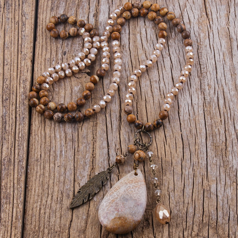 Boho Multi Stones Necklace with Drop Pendant