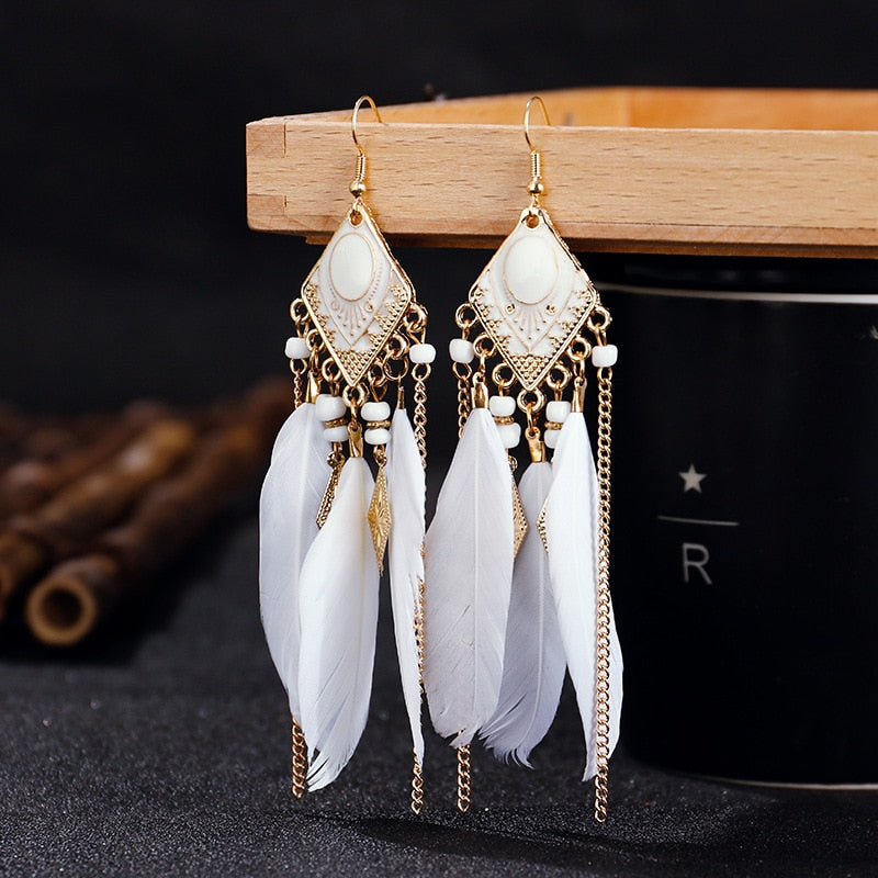 Boho Long Feather Dangle Earrings - Top Boho