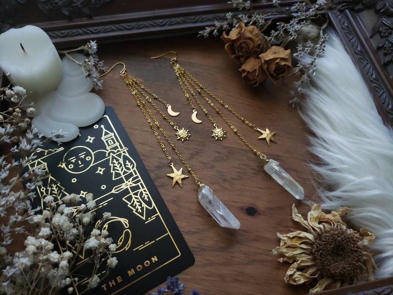Quartz Brass Sun & Moon Earrings