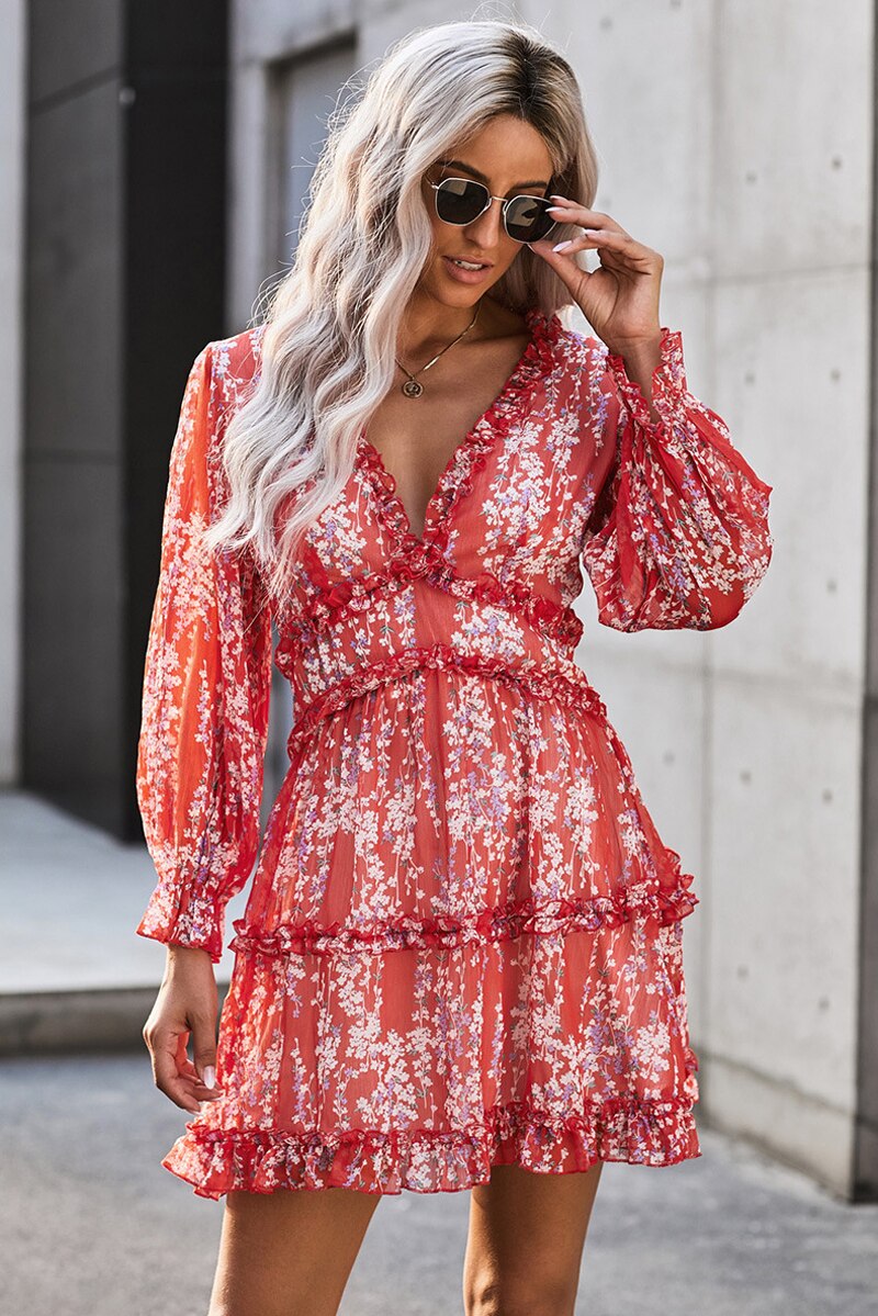 Boho Floral Ruffle Backless Dress - Top Boho