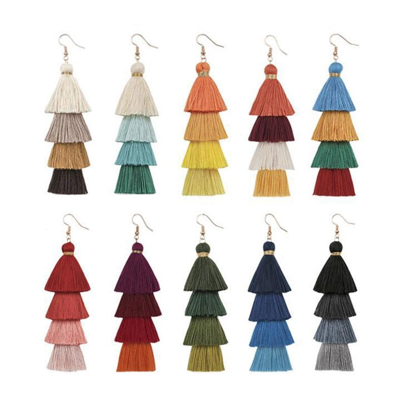 Boho Layered Multi Colour Cotton Tassel Earrings