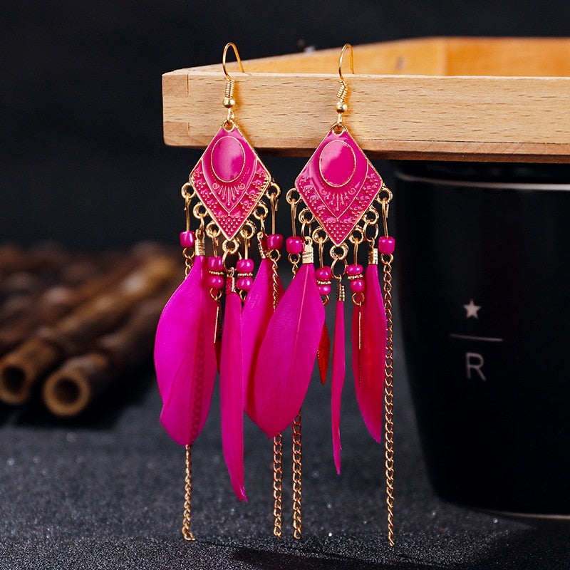 Boho Long Feather Dangle Earrings - Top Boho
