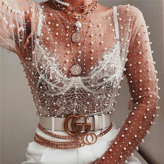 Boho Chic Pearl Mesh Top - Top Boho