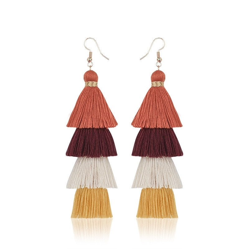Boho Layered Multi Colour Cotton Tassel Earrings - Top Boho