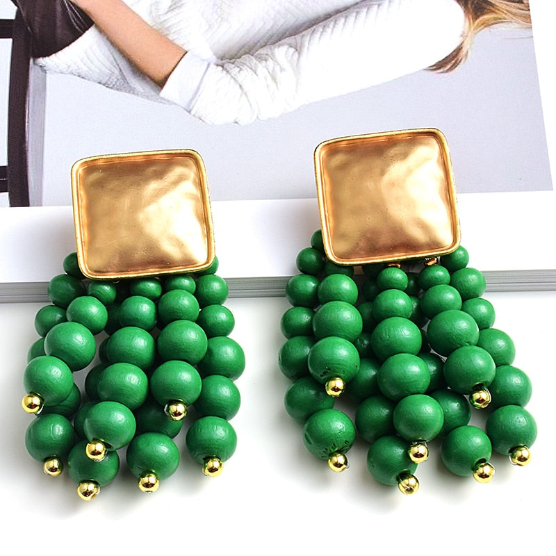 Statement Wooden Bead Drop Earrings - Top Boho