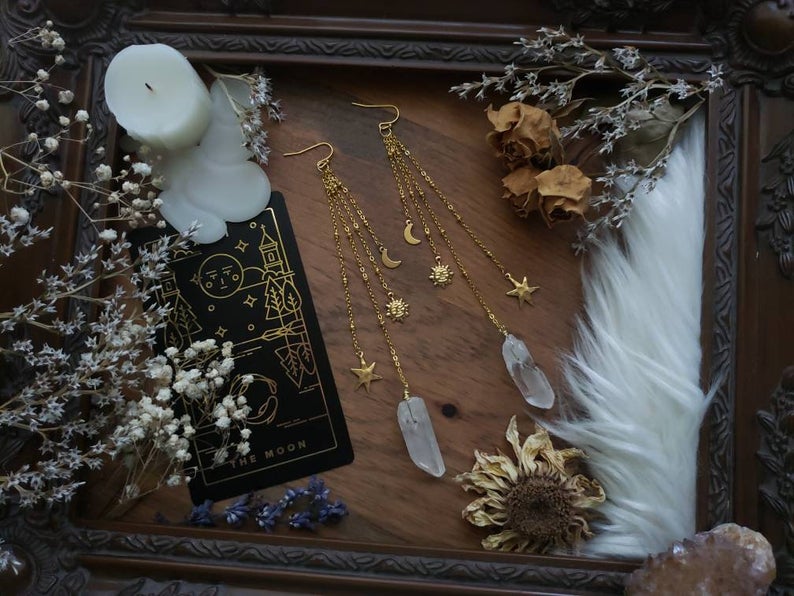 Quartz Brass Sun & Moon Earrings