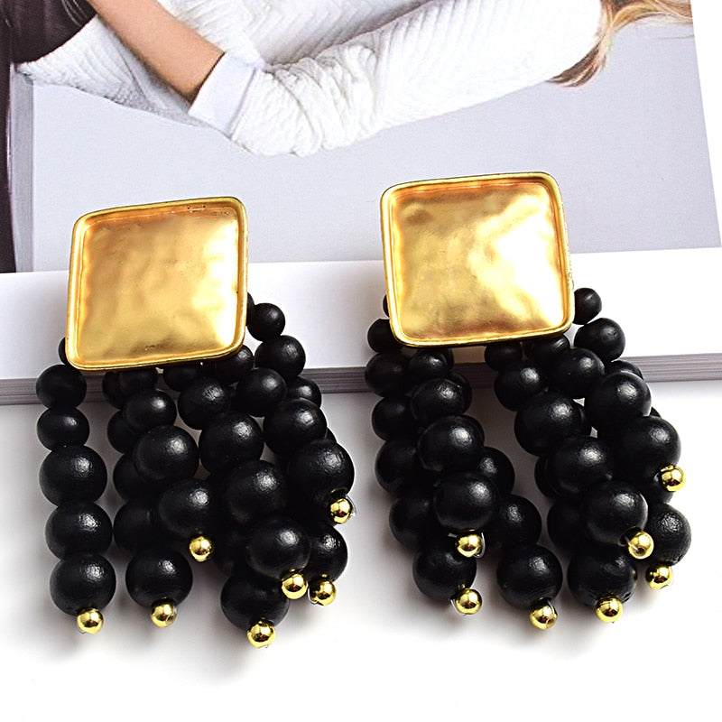 Statement Wooden Bead Drop Earrings - Top Boho