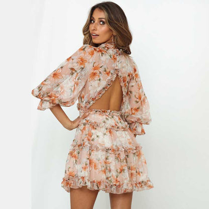Boho Floral Ruffle Backless Dress - Top Boho