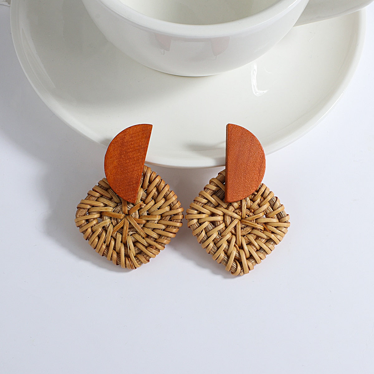 Handmade Rattan Wooden Drop Earrings - Top Boho