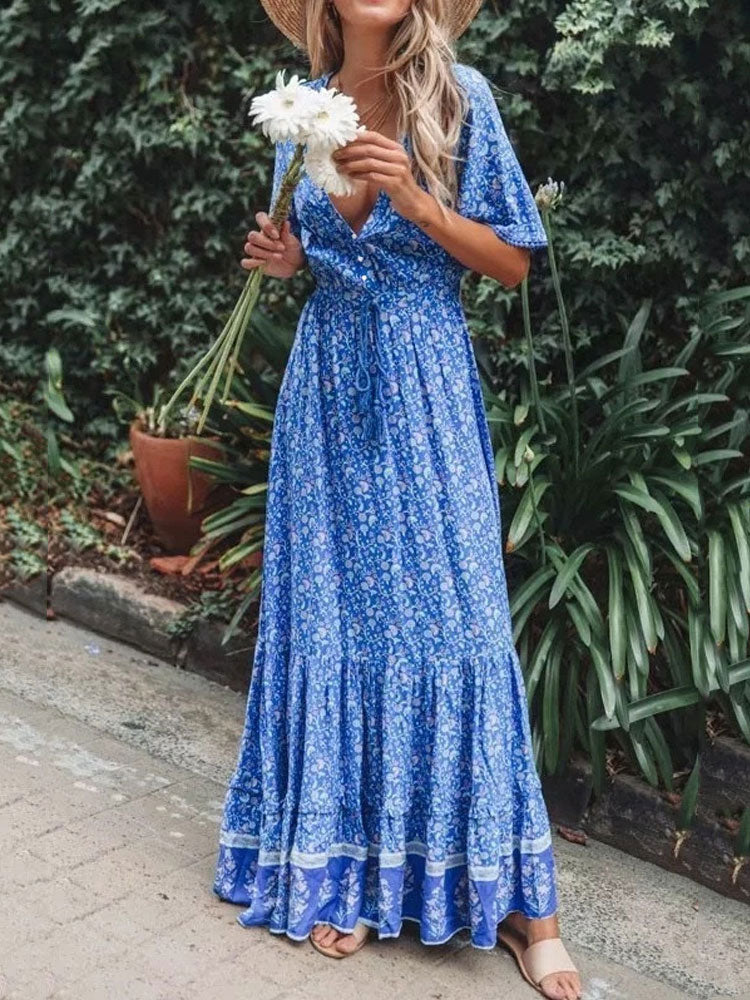 Blue floral print maxi dress hot sale