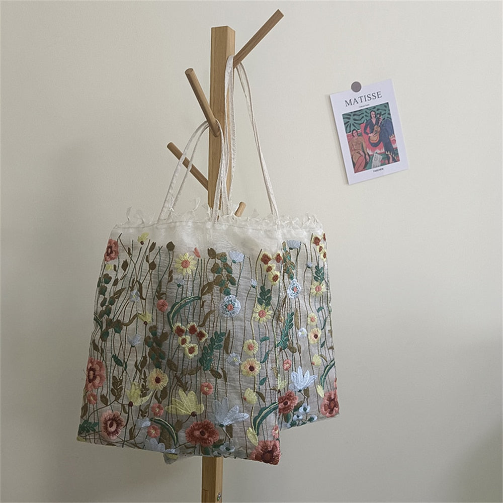Mesh Embroidery Clear Tote Shoulder Bag - Top Boho