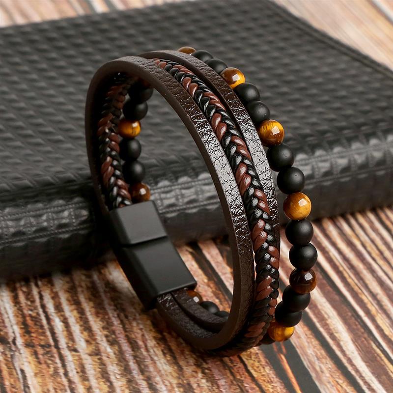 Leather And Tiger Eye Beaded Bracelet