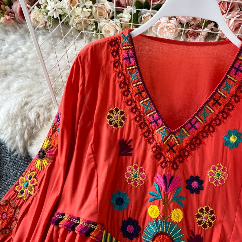 Boho Chic Floral Embroidery Maxi Dress - Top Boho