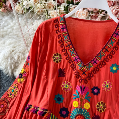 Boho Chic Floral Embroidery Maxi Dress - Top Boho