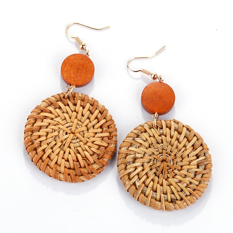 Handmade Rattan Wooden Drop Earrings - Top Boho
