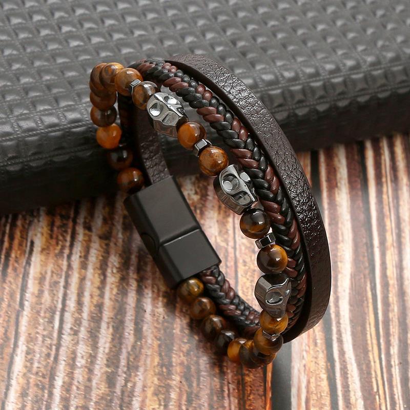 Leather And Tiger Eye Beaded Bracelet