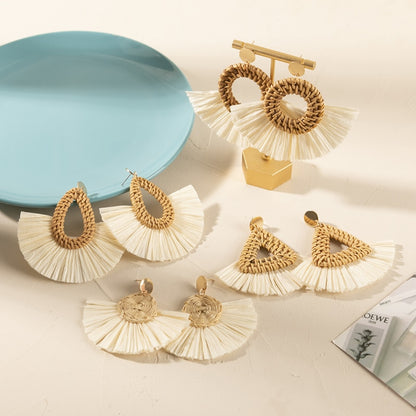 Boho Rattan With Raffia Tassel Pendant Earrings - Top Boho