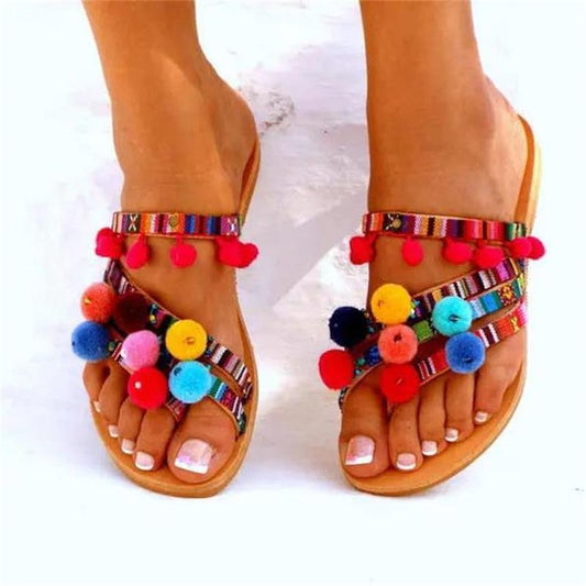 Boho Multi-color Pom Pom Sandals - Top Boho