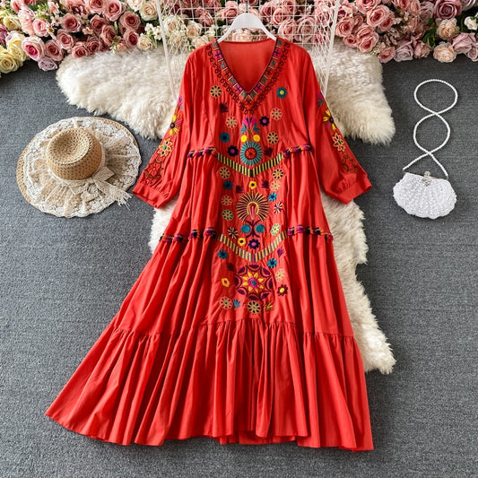 Boho Chic Floral Embroidery Maxi Dress - Top Boho